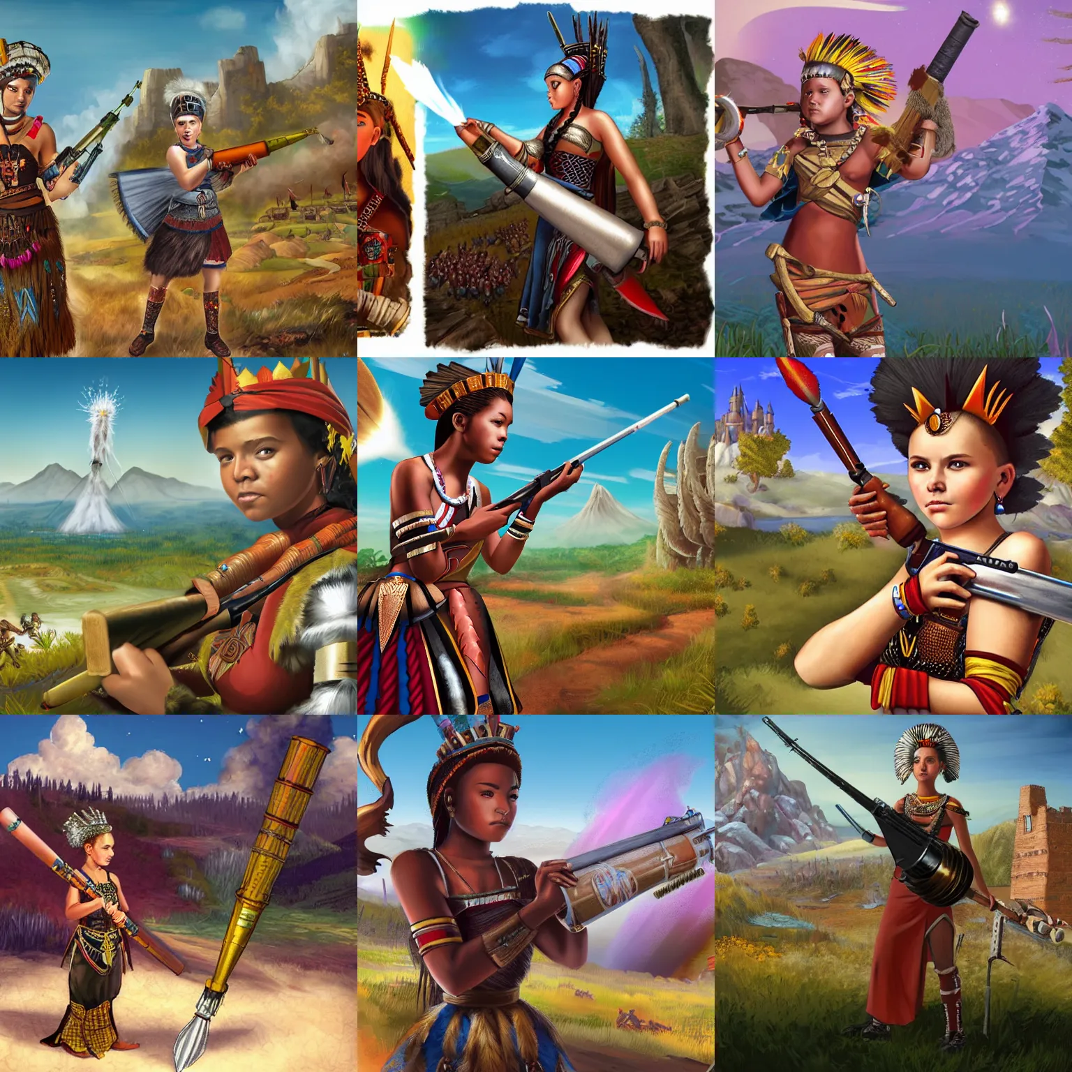 Prompt: A young Mohawk Queen holds a rocket launcher, 1500's, loading screen artwork for the game 'Europa Universalis 4'