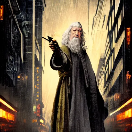 Prompt: gandalf in the style of blade runner movie poster