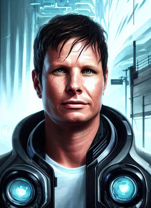 Prompt: portrait of Tom DeLonge as a character in arabian Cyberpunk 2077, looking at camera, intricate, dystopian, sci-fi, extremely detailed, digital painting, artstation, concept art, smooth, sharp focus, illustration, intimidating lighting, incredible art by artgerm and greg rutkowski and alphonse mucha and simon stalenhag