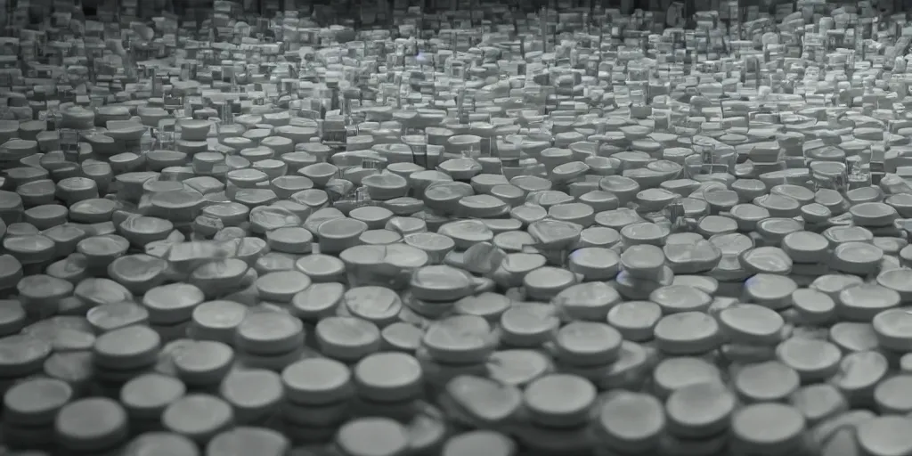 Image similar to a film still of pharmaceuticals piling up in a vault, shallow depth of field, cinematic, award winning cgi, vfx, film still