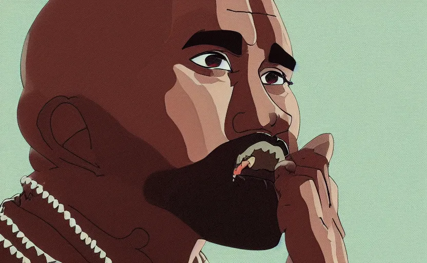 Image similar to kanye west film by studio ghibli, close up, kanye, anime film by makoto shinkai, kanye west