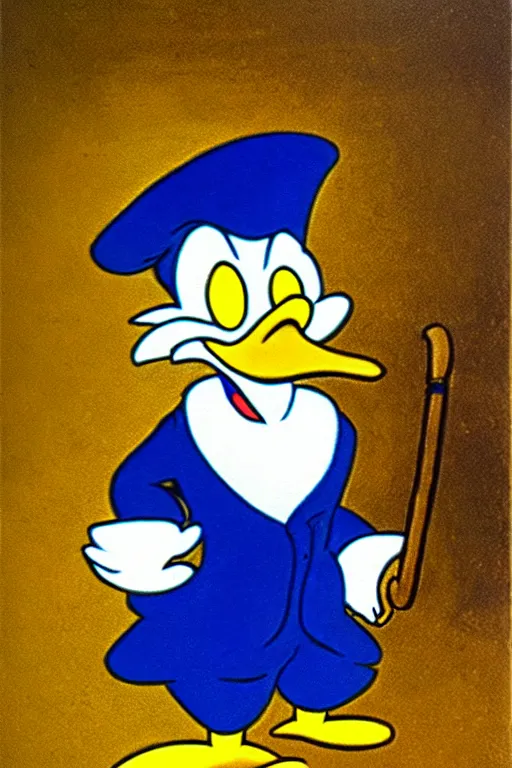 Image similar to Scrooge McDuck from the Duck Tales in blue costume standing on a mountain of golden gold and holding a cane, view from below, full body portrait including head, oil painting, highly detailed