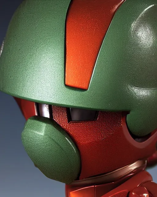 Prompt: helmet portrait of a figurine of samus aran's varia power suit from the sci - fi nintendo videogame metroid. designed by hiroji kiyotake, gene kohler and rodney brunet. metroid zero mission. metroid prime. glossy. red round helmet, orange shoulder pads, green visor. shallow depth of field. suit of armor.