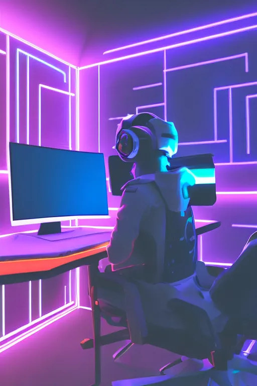 Image similar to a young male gamer sitting in gaming chair wearing a hoodie + neon rgb light strips, large computer monitor, space themed walls, cute bernedoodle puppy sitting at his feet, 4 k, award winning, octane render, volumetric lighting