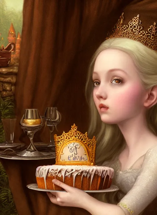 Image similar to highly detailed closeup portrait of an irish fairytale medieval princess eating cake, unreal engine, nicoletta ceccoli, mark ryden, lostfish, earl norem, global illumination, god rays, detailed and intricate environment