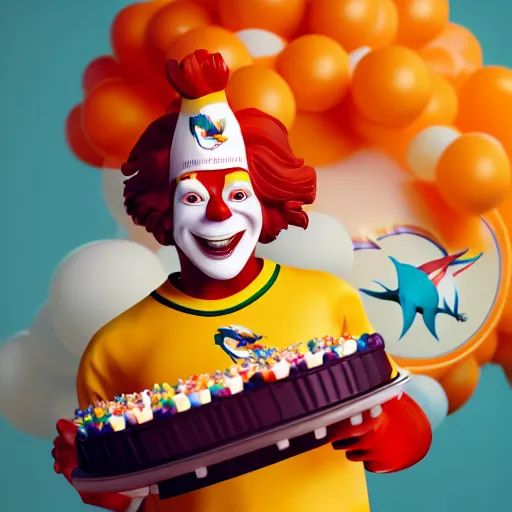 Image similar to Ronald Mcdonald with a birthday cake wearing a miami dolphins jersey, concept art, cgsociety, octane render, trending on artstation, unreal engine 8k,