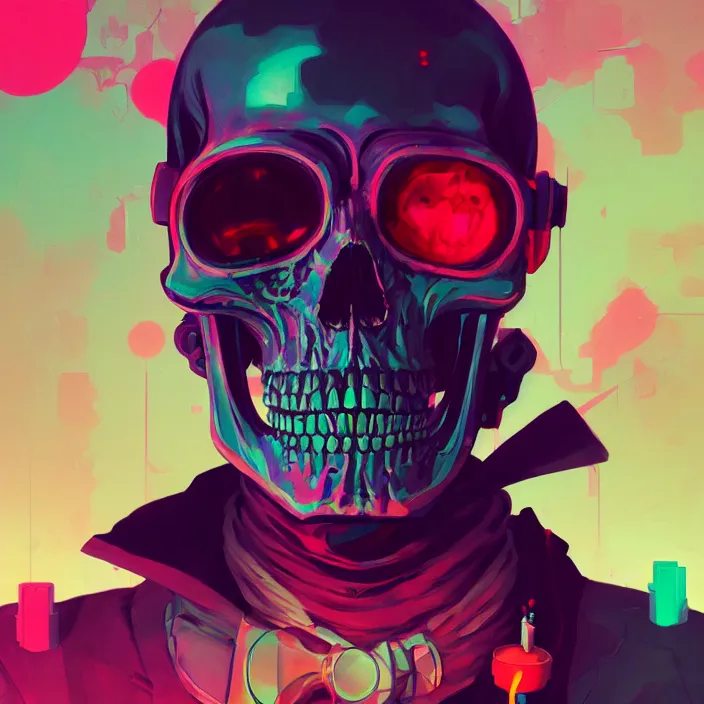 Image similar to a colorful comic noir illustration painting of a cyberpunk skull by sachin teng and sergey kolesov and ruan jia and heng z. hyper detailed. octane render. trending on artstation