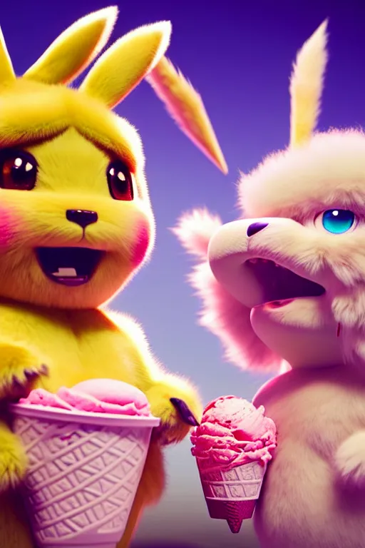 Image similar to high quality 3 d render hyperrealist very cute pastel fluffy! aztec warrior & quetzalcoatl eating giant ice cream, vray smooth, in the style of detective pikachu, hannah yata, very dramatic light, low angle, uhd 8 k, shallow depth or field