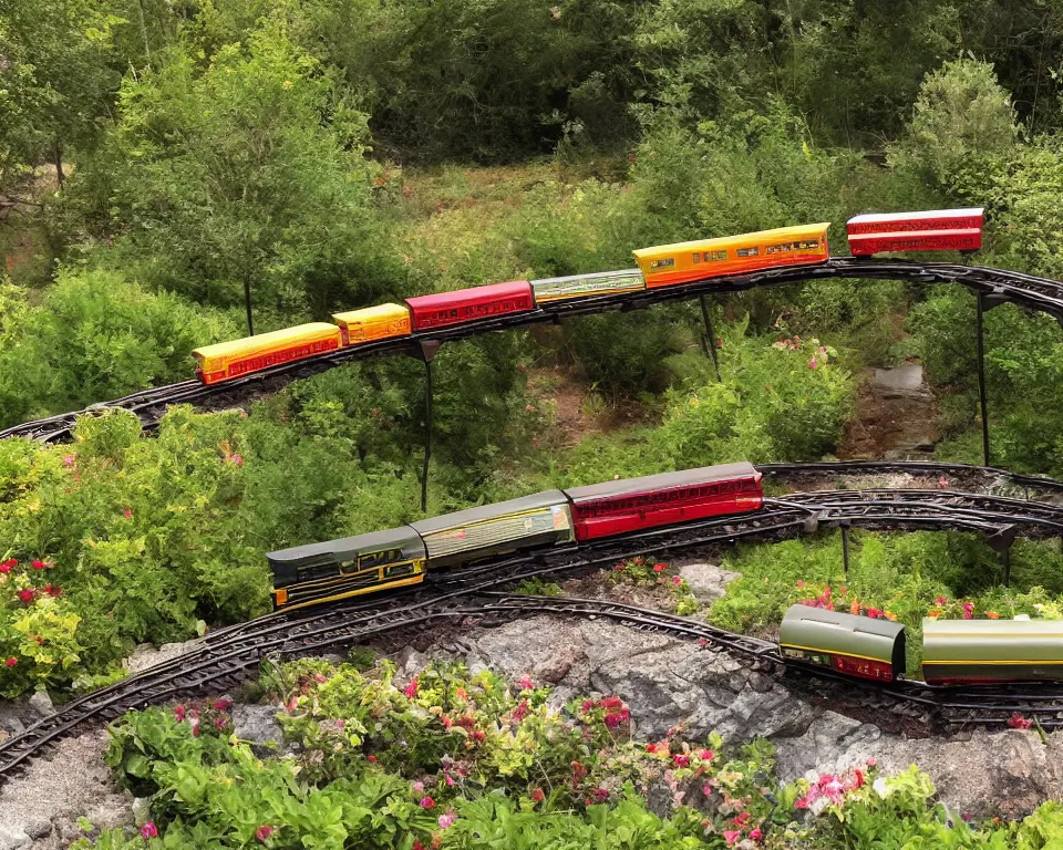 Prompt: close-up, hi-res photo of miniature model train crossing a trestle over a garden creek.