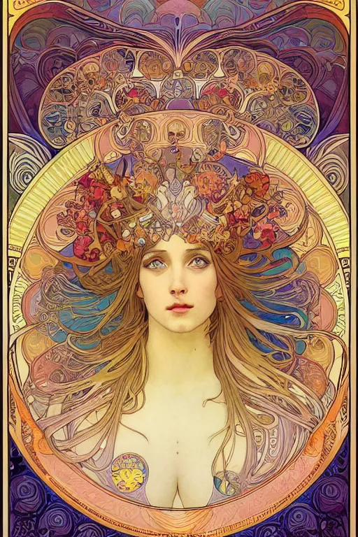 Prompt: beautiful goddess of space and dreams by alphonse mucha, mandala, coherent design, symmetrical, vivid colors, digital watercolor ink illustration painting, complementary color, golden ratio, detailed, sharp lines, sharp focus, intricate, rainbowshift, artgerm, gustave dore, maxfield parrish, octane render