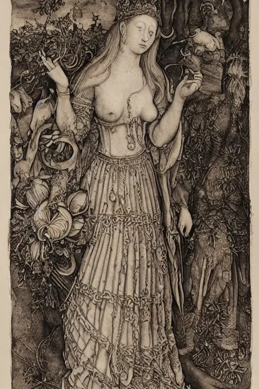 Prompt: albrecht durer, albrecht altdorfer, hans holbein, lucas cranach, gustave dore, engraving-style tattoo of regal female boddhisatva with the attributes of Diana, Athena, Guanyin, Shakti, Deborah, and Seshat, wearing a robe, standing gracefully upon a lotus, surrounded by egrets and wetland flora