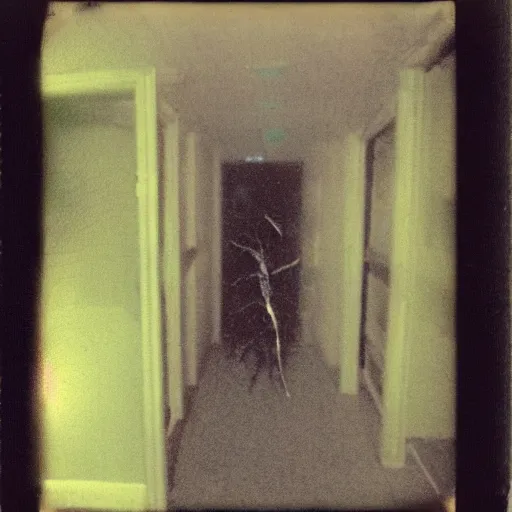 Image similar to a terrifying fungus monster at the end of a hallway, dark!, creepy, nightmare fuel!!!, horror, horrifying, unsettling, uncanny valley!, old polaroid, expired film,