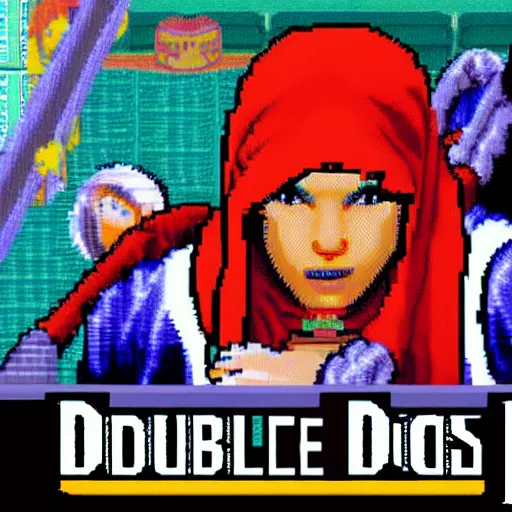 Image similar to portrait of babushka in double dragon video game splash screen