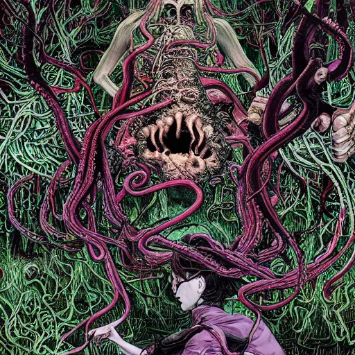 Image similar to psychedelic horror art eldritch forest of fingers and tentacles creepy horror by godmachine victo ngai yoji shinkawa junji ito shintaro kago apophasis hyperrealism photo - realistic demon hyperdetailed photography photorealistic