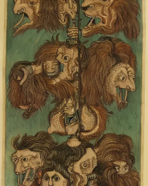 Image similar to zmei gorynich with four heads. one human head, second eagle head, third lion head, fourth ox head. drawn by francis bacon