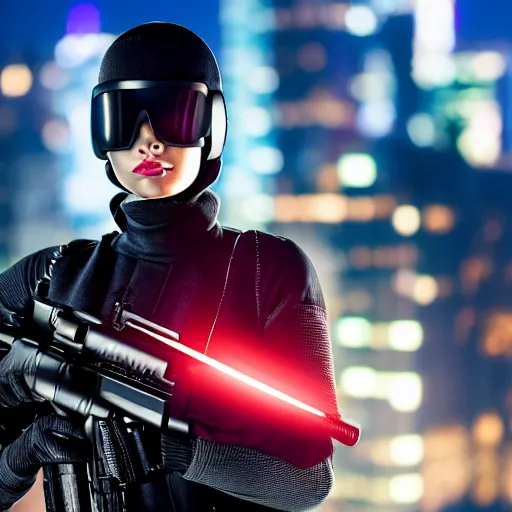 Image similar to photographic portrait of a techwear woman holding a shotgun, closeup, on the rooftop of a futuristic city at night, sigma 85mm f/1.4, 4k, depth of field, high resolution, 4k, 8k, hd, full color, Robocop, Die Hard, movies with guns, movie firearms, face closeups