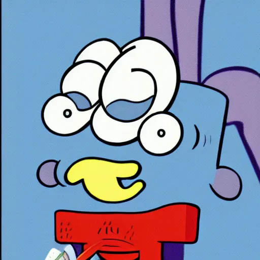 Image similar to squidward from spongebob squarepants with hair, holding a hammer, by stephen hillenburg