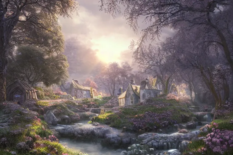 Image similar to A small elven village with elegant white architecture in an open field, a winding white pathwalk and a small brook running through, clear blue skies in the background, sunsetting color, octane rendering, oil painting, mind-blowing detail, photoreaistic, trending on artstation, trending on deviant art, intricate, elegant, digital painting, saturated colors, smooth, sharp focus, art by artgerm and Todd Shorr