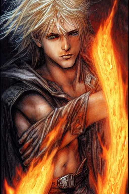 Image similar to character art by luis royo, young man, blonde hair, on fire, fire powers