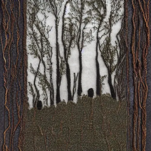 Prompt: from a dark forest, a clearing, a figure against the light, embroidery image large