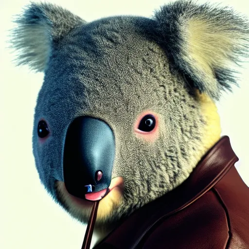 Image similar to koala in a leather jacket smoking a cigar sitting at a conference table shouting, full body shot, portrait, fantasy, beautiful face, vivid colors, elegant, concept art, sharp focus, digital art, Hyper-realistic, 4K, Unreal Engine, Highly Detailed, HD, Dramatic Lighting by Brom, trending on Artstation