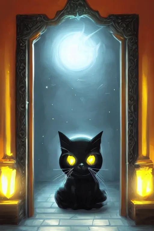 Image similar to chanting black cat sitting next to a glowing doorway, digital illustration, artstation, artstation hq, hd