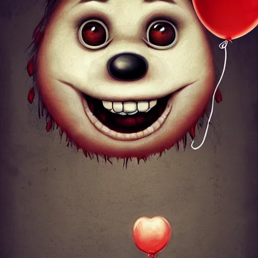 Image similar to surrealism grunge cartoon portrait sketch of a bear with a wide smile and a red balloon by - michael karcz, loony toons style, mad max style, horror theme, detailed, elegant, intricate