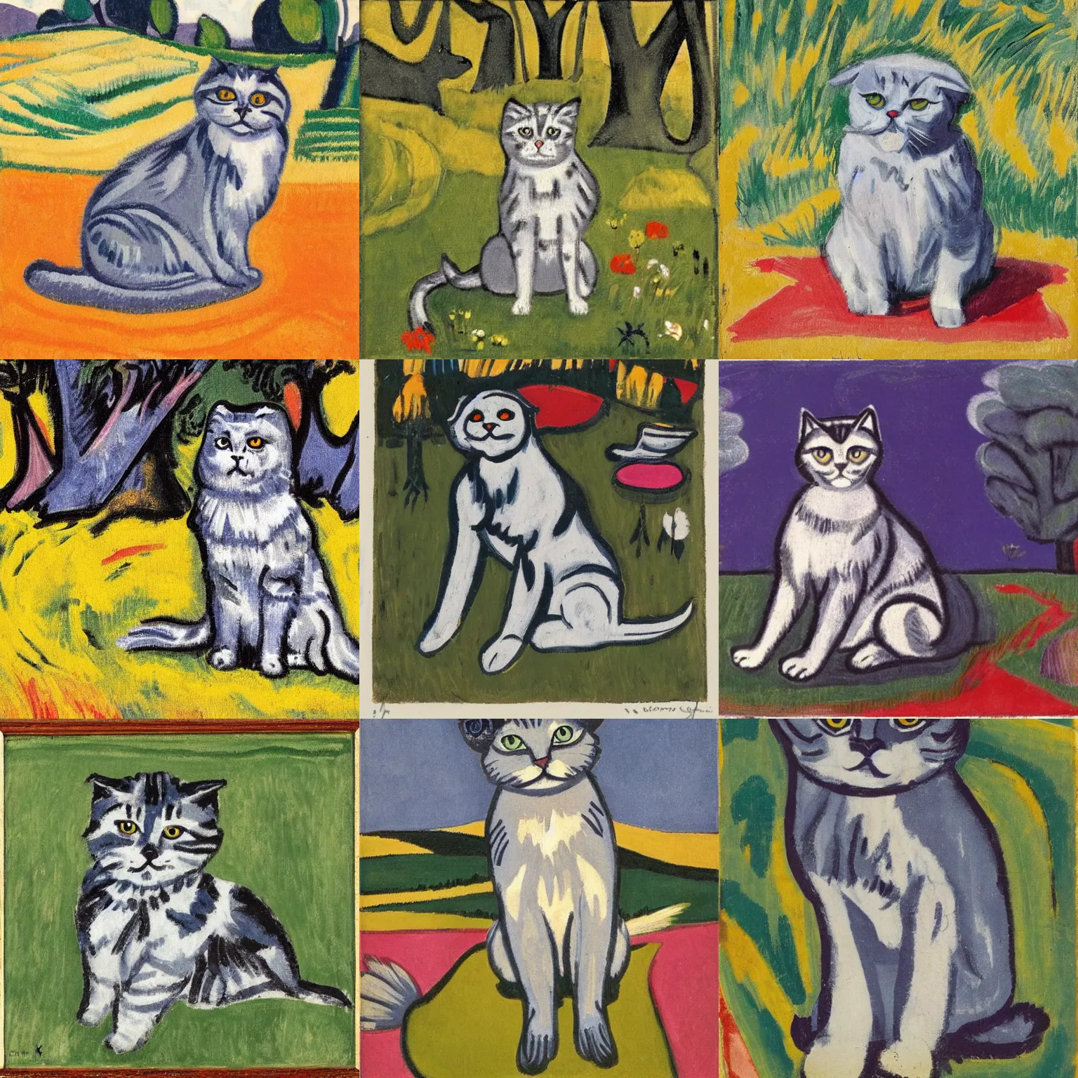 Image similar to a gray scottish fold sitting in the middle of sunny meadow, by ernst ludwig kirchner