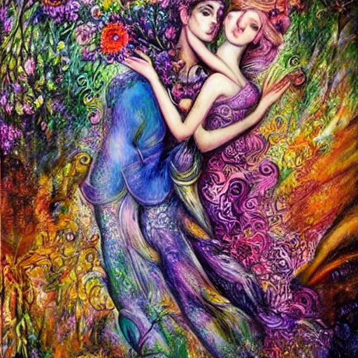 Image similar to abstract figurative art, lovers of spring, josephine wall, dreamy, muted, pastel colors