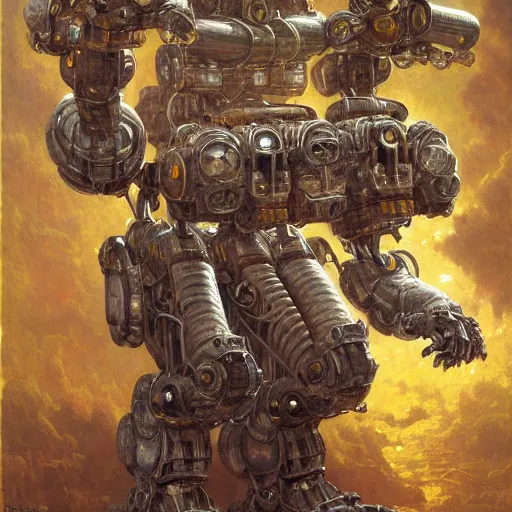 Prompt: highly detailed painting of a robotic humanoid gorilla mecha, painting by gaston bussiere, craig mullins, j. c. leyendecker, lights, art by ernst haeckel, john william godward, hammershøi, alex grey, dmt, symmetric, masterpiece details, hyper - detailed, hd, hdr, 4 k, 8 k