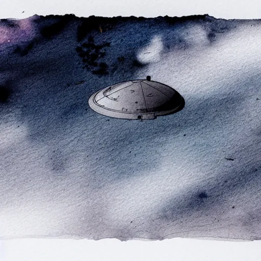 Prompt: high - angle view, from 1 0 0 0 feet in distance, vague uap interstellar vehicle on top of dramatic moody clouds in the sky, muted ink and watercolor. minimalist, detailed, muted colors. ue 5