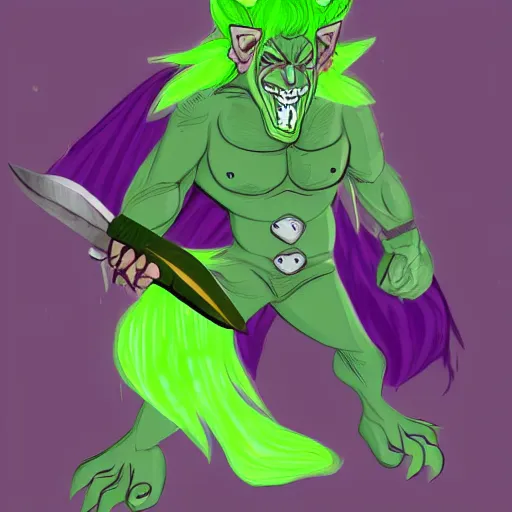 Prompt: Dungoen and Dragons bugbear with green hair and purple eyes he looks angry at his knife