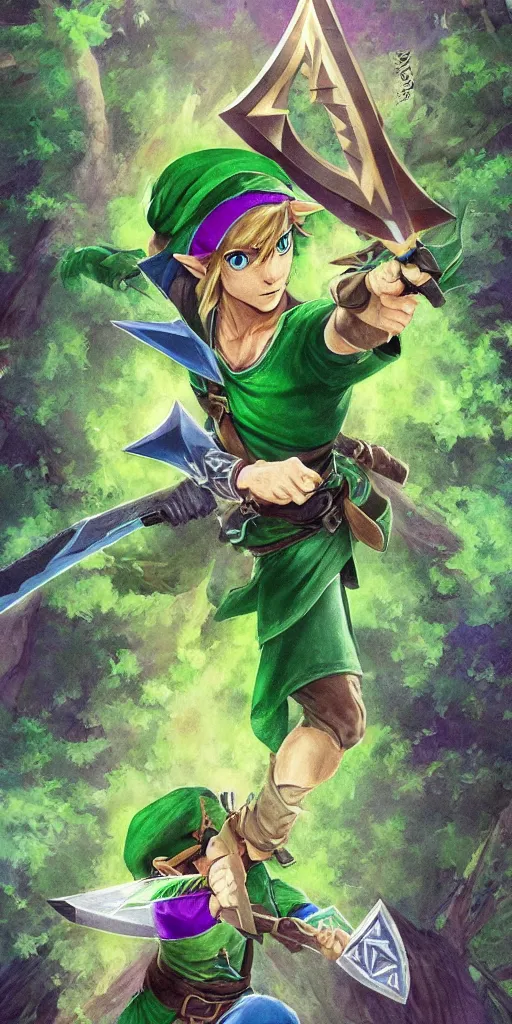 Image similar to link dressed in traditional green tunic and cap, holding the master sword and hylian shield in each hand, in dynamic fighting pose, clear detailed face with focused expression, mystical forest background, dark skies, green purple blue pink iridescent color scheme, intricately detailed, finely textured, cgsociety