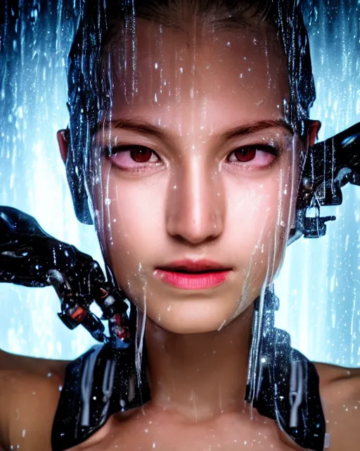 Prompt: portrait photo of female dancer as a cyberpunk mecha humanoid robotic head shoulder parts with straight bright led lights, under a waterfall, wet skin with water dripping down face, ultra - realistic and detailed, 8 k