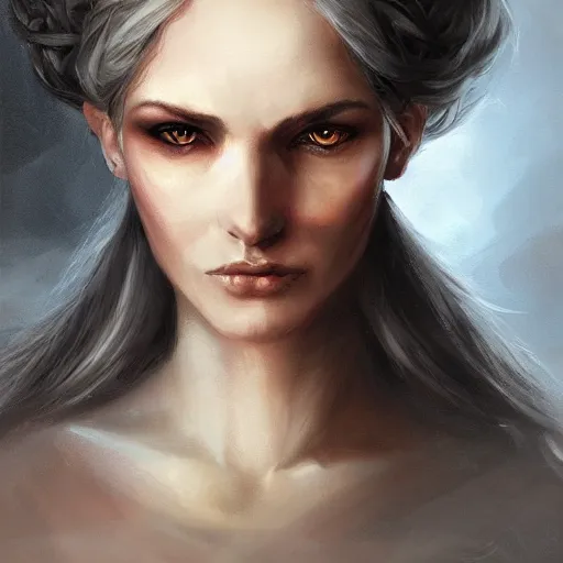 Image similar to a detailed matte head - on portrait painting of an middle - aged half - tiefling noblewoman with golden eyes and short well kept hair, by charlie bowater, lise deharme, wlop, tending on arstation, dungeons and dragon, dnd, pathfinder, fanart, oil on canvas