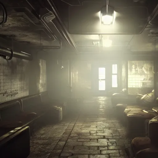 Image similar to fallout concept art subway interior render grim realistic lighting unreal engine 5