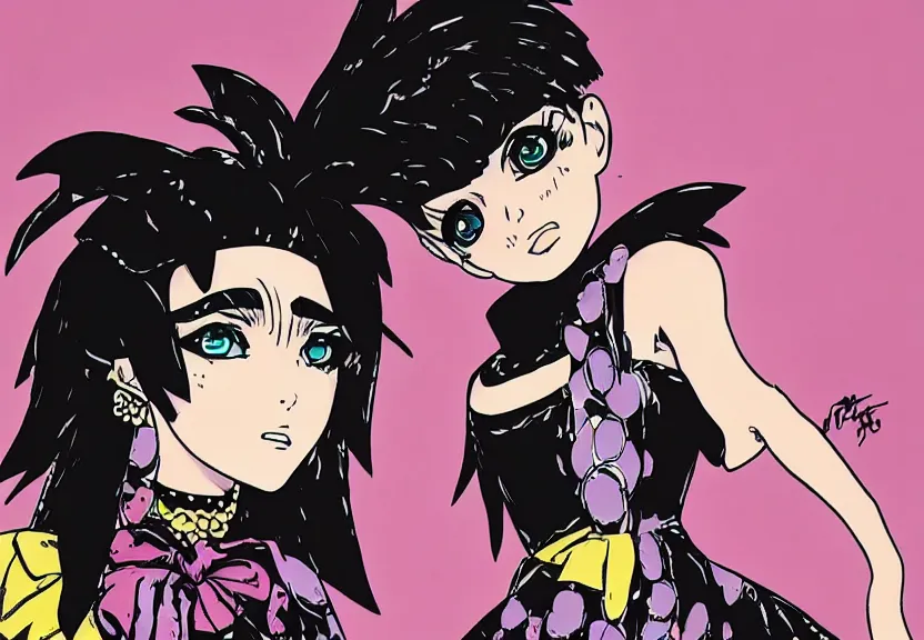 Image similar to beautiful little girl with a short black haircut wearing a dress made of black feathers, artwork in jojo bizarre adventure art style, anatomically perfect