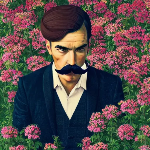 Image similar to portrait of a man with a moustache standing in front of flowers, tumblr contest winner, aestheticism, masculine, aesthetic, ilya kuvshinov