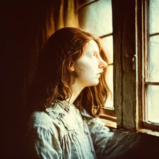 Image similar to portrait bust of young woman, tired expression, faded color film, russian cinema, tarkovsky, kodachrome, inside old cabin, next to window, heavy forest outside, long brown hair, old clothing, heavy fog, brown color palette, hudson river school, 4 k, dramatic lighting, greg rutkowski