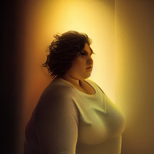 Image similar to the huge fat woman's head is on the in the closet, hiding from the darkness. medium shot. beautiful colors, great lighting. fantastic movie scene. subsurface scattering shiny skin. beautiful lighting, 4 k post - processing, trending in art station, cg society, highly detailed, 5 k extremely detailed, 3 d. cinematic scene. sharp image.