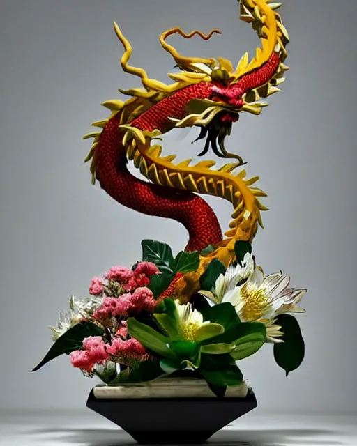 Prompt: Photograph of a Award-winning ikebana flower arrangement designed into the shape of a Chinese Dragon