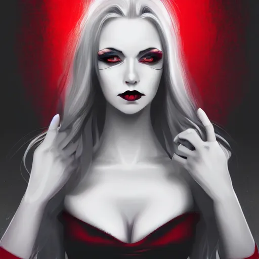 Image similar to illustration of a lady vampire, digital painting, ominous, sharp, detailed, 4k