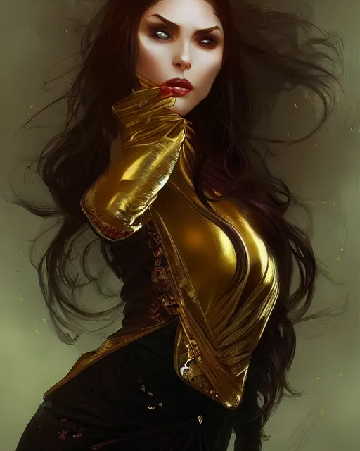 Prompt: female vampire, perfect face, gold shirt, cinematic, stunning, highly detailed, digital painting, artstation, smooth, hard focus, illustration, art by artgerm and greg rutkowski and alphonse mucha