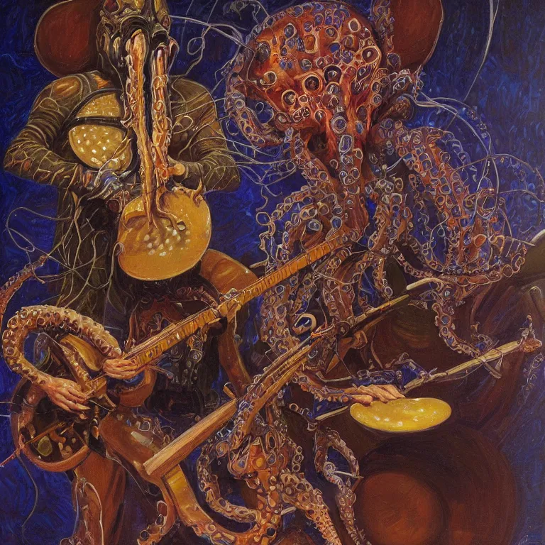 Image similar to a beautiful painting by donato giancola of an octopus playing drums and telecaster guitar in an electronic concert, dark background, concert light, dark mood, warm lights