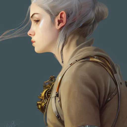 Prompt: portrait of a hooded young female steampunk fighter, headshot, hyper realistic, pale skin, 4k, rule of thirds, extreme detail, detailed drawing, trending artstation, hd, fantasy, D&D, realistic lighting, by Alphonse Mucha, Greg Rutkowski, sharp focus, backlit, elegant