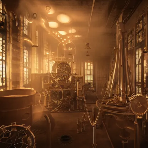 Image similar to inside steampunk science laboratory, edwardian architecture, steampunk interdimensional portal generator, steam, clouds, sparks, in the style of Alex Ross, octane render, cinematic, highly detailed, moody lighting
