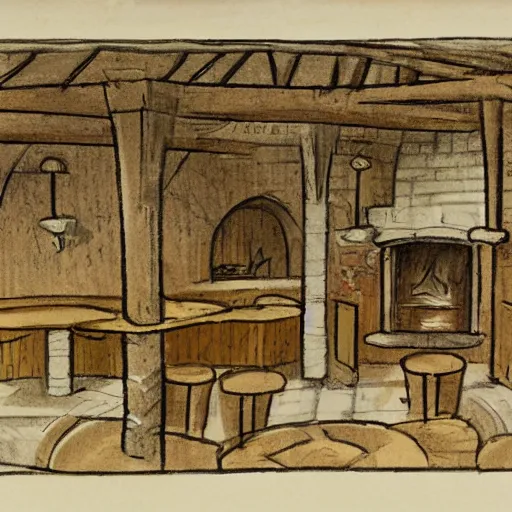 Image similar to Sketch of a medieval tavern with one floor, a counter, four round tables and a fireplace