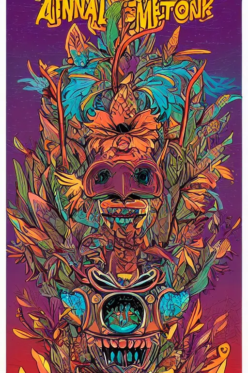 Image similar to animal mask totem roots flower tribal feather gemstone plant wood rock shaman vodoo video game vector cutout illustration vivid multicolor borderlands comics by josan gonzales and dan mumford radiating a glowing aura