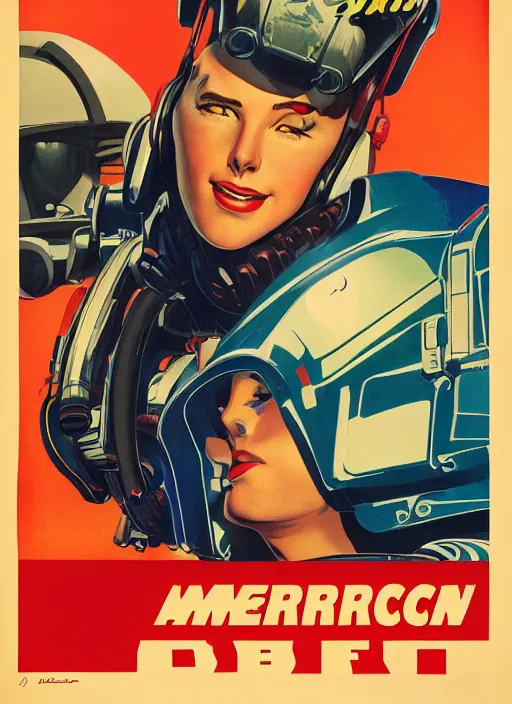 Image similar to american propaganda poster art. powerful cyberpunk pilot. portrait by jean giraud and anton otto fischer and john philip falter and will eisner and gil elvgren and pixar. full body. realistic proportions. science fiction d & d. overwatch, rb 6 s, cyberpunk 2 0 7 7, blade runner 2 0 4 9 concept art. cel shading. thick lines.