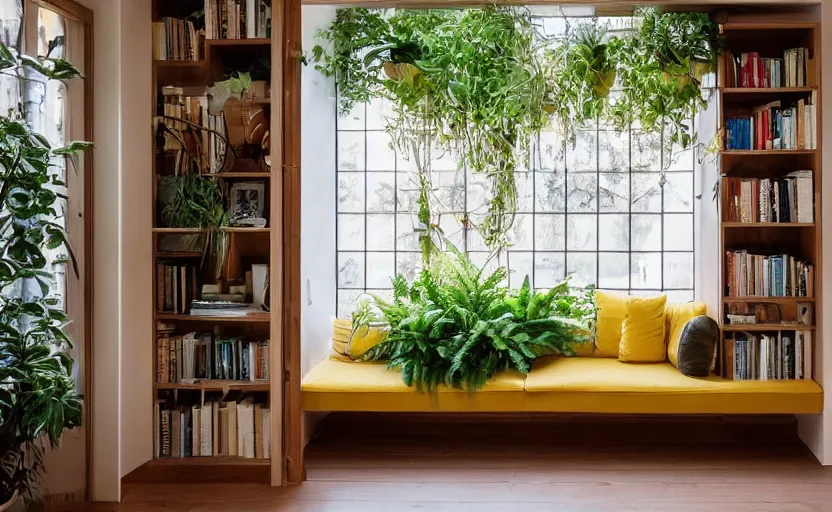 Image similar to interior design magazine photo of a big window with a wooden frame to sit on, some sandy yellow pillows, there are some books on a small integrated shelf, hanging plants, great architecture, ambient light, 8k